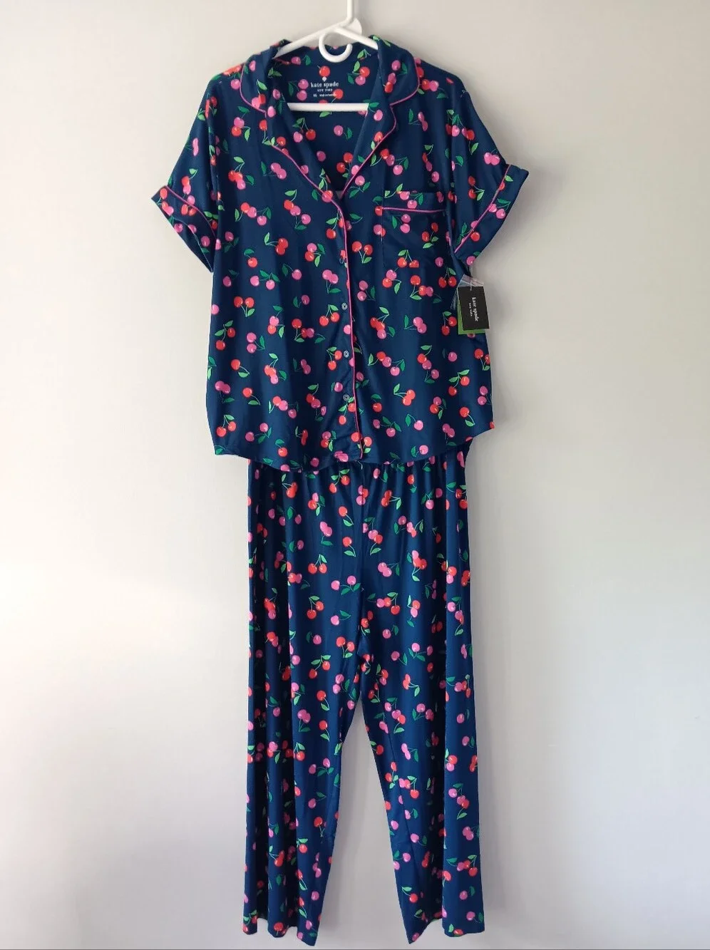 Kate Spade Short Sleeve Pajama Pant Set 2 Pc Red Pink Cherries Indigo Blue XL